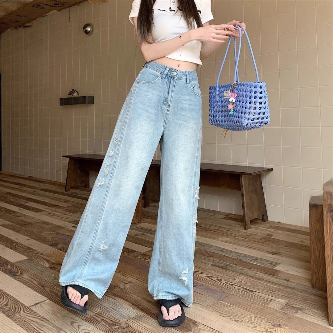 Damen Weite Jeans mit modischen Rissen und hohem Bund EB