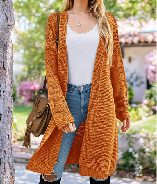 Damen Langer Strickcardigan mit luftiger Maschenstruktur und offener Front EB