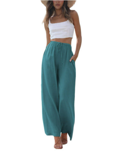 Damen weite Leinenhose mit elastischem Bund und praktischen Seitentaschen EB