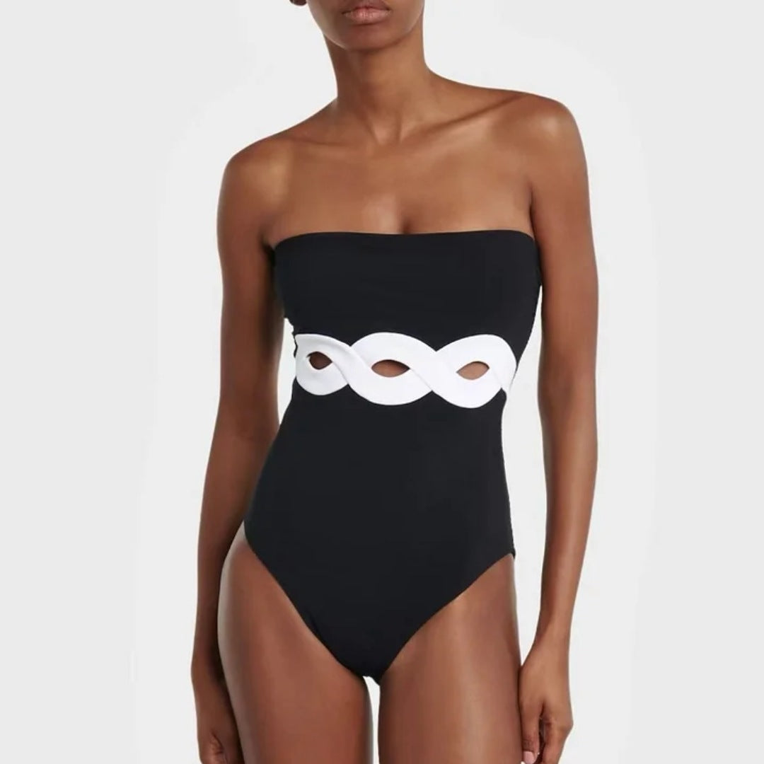 Damen eleganter V-Ausschnitt Schwimmanzug mit stilvollem Wickelrock EB