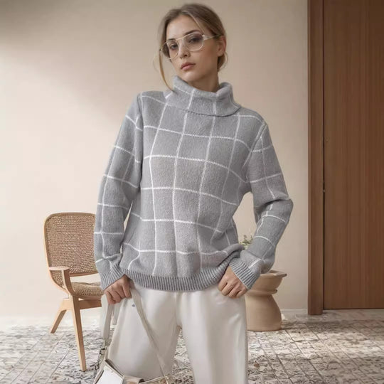 Damen Grobstrickpullover mit modernem Karomuster und hohem Kragen EB