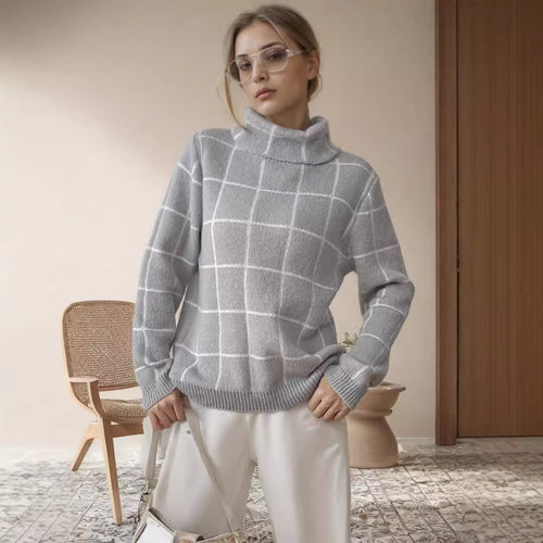 Damen Grobstrickpullover mit modernem Karomuster und hohem Kragen EB