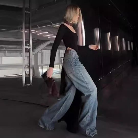 Damen Elegantes langärmliges Kleid mit asymmetrischem Saum EB