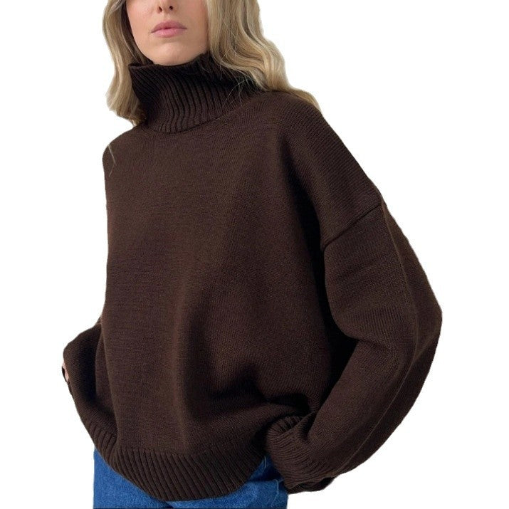 Damen Strickpullover mit hohem Kragen und weitem Schnitt EB