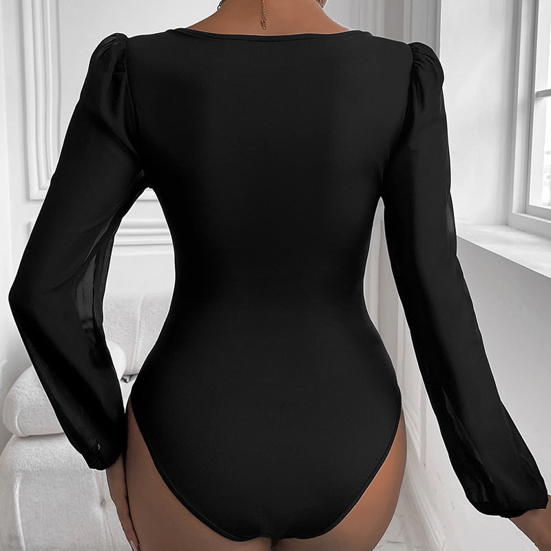 Damen Eleganter Body mit romantischen Puffärmeln und V-Ausschnitt EB