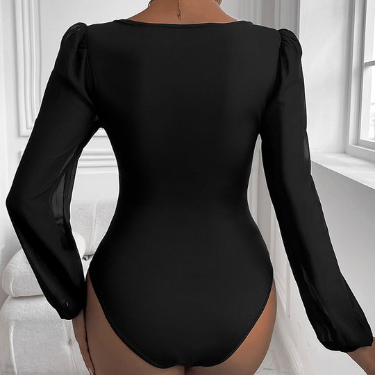 Damen Eleganter Body mit romantischen Puffärmeln und V-Ausschnitt EB