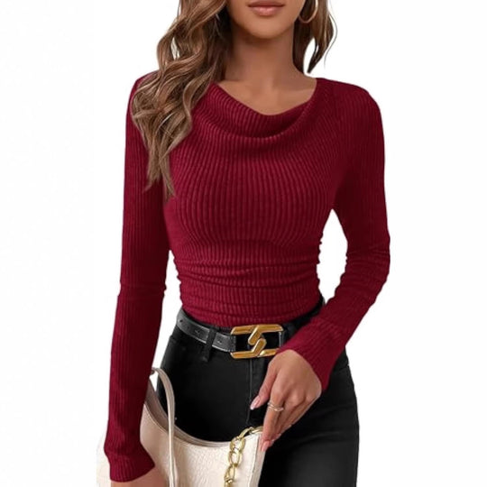 Damen Figurbetontes Feinripp-Longsleeve mit asymmetrischem Wasserfallkragen EB