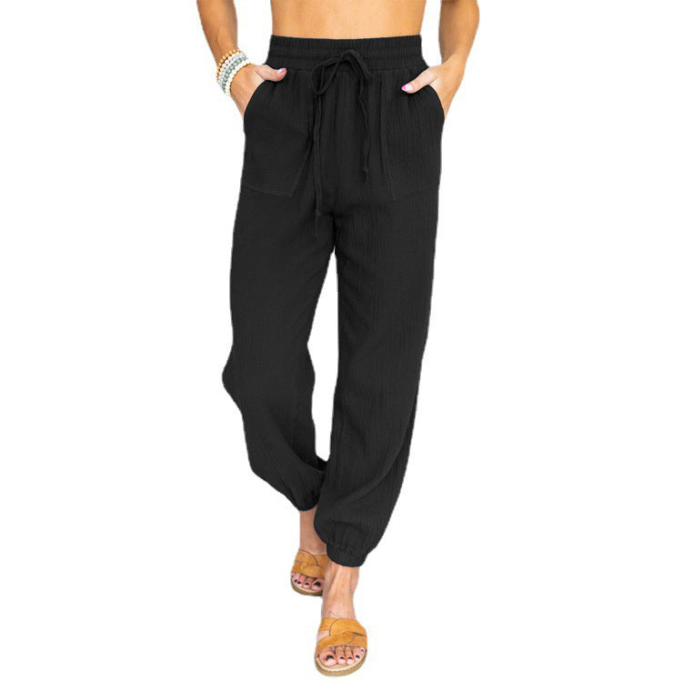 Damen nan leichte Leinenoptik Freizeit-Hose mit hohem elastischem Bund, Kordelzug, aufgesetzten Taschen und elastischen Knöchelbündchen EB