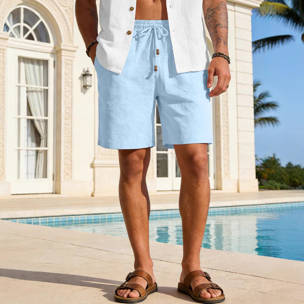 Herren nan leichte Strand-Bermuda aus Leinenmix mit Elastikbund Kordelzug und Zierknopfleiste EB