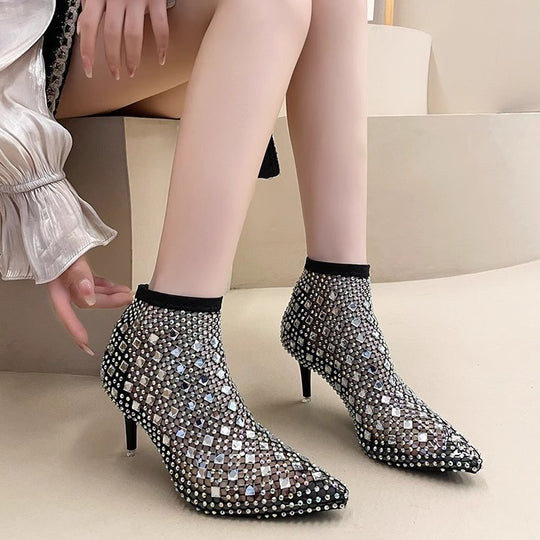 Damen elegante Netz-Stiefeletten mit funkelnden Strassverzierungen EB