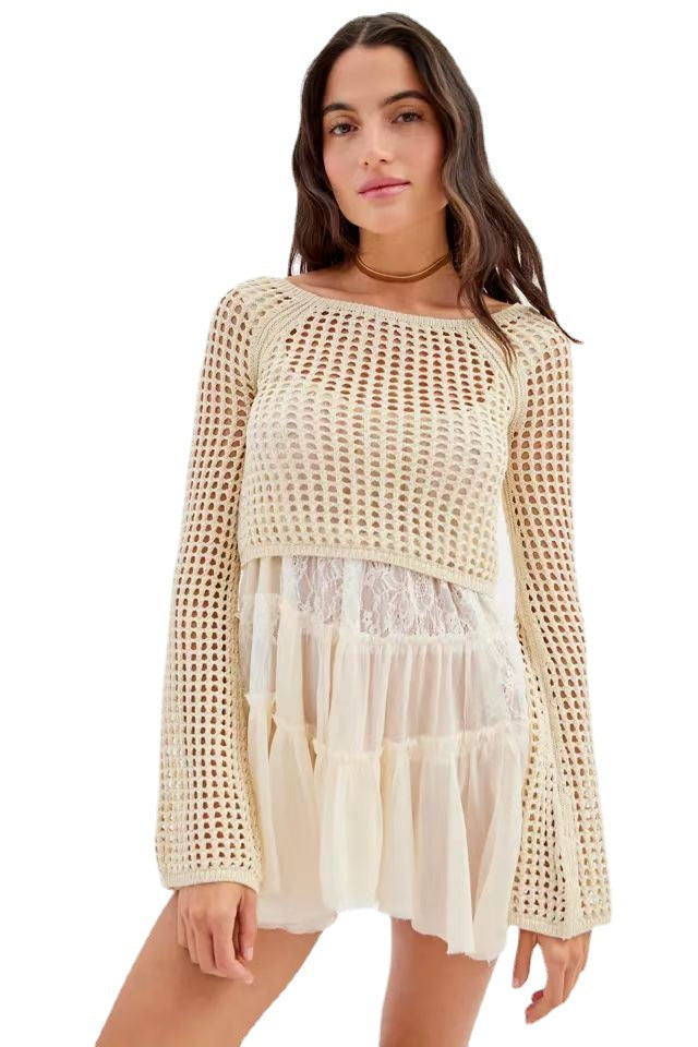 Damen gehäkeltes Crop-Top mit weiten Ärmeln und bunten Streifen EB