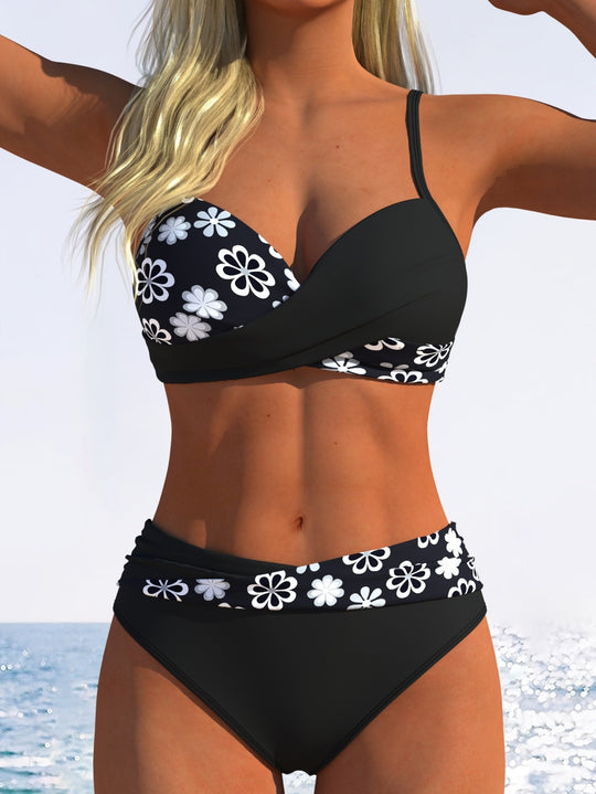 Damen Bikini-Set mit floralem Wickelmuster und bequemen High-Waist-Höschen EB