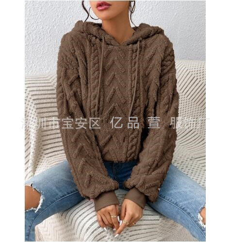 Damen nan kuscheliger Kapuzenpullover mit Zopfmuster Eingrifftaschen und Rippbündchen EB