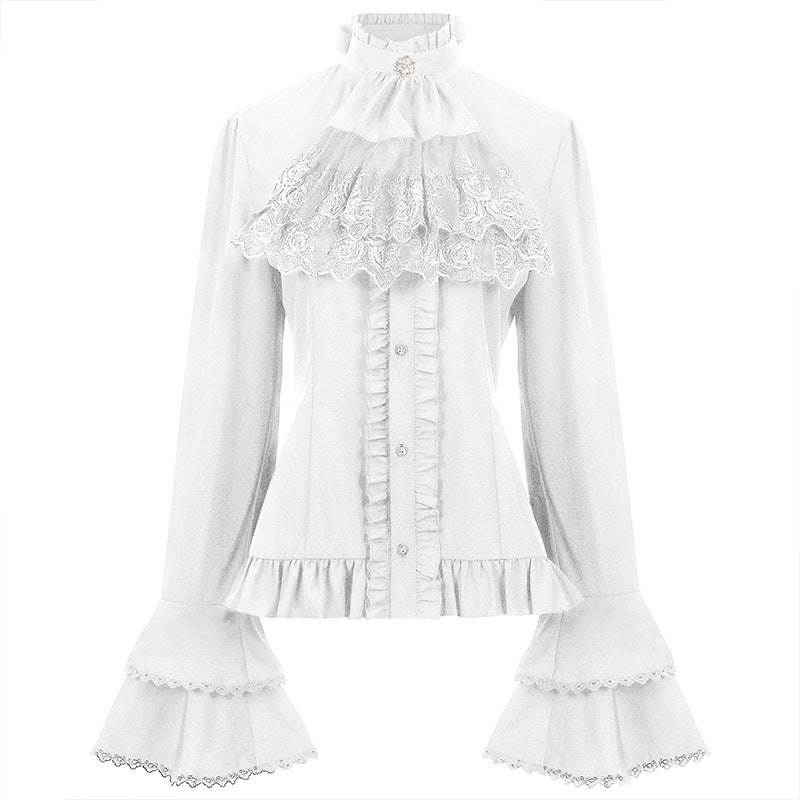 Damen nan viktorianische Spitzenbluse mit Volant-Jabot, tailliertem Schnitt und doppellagigen Glockenärmeln Eb