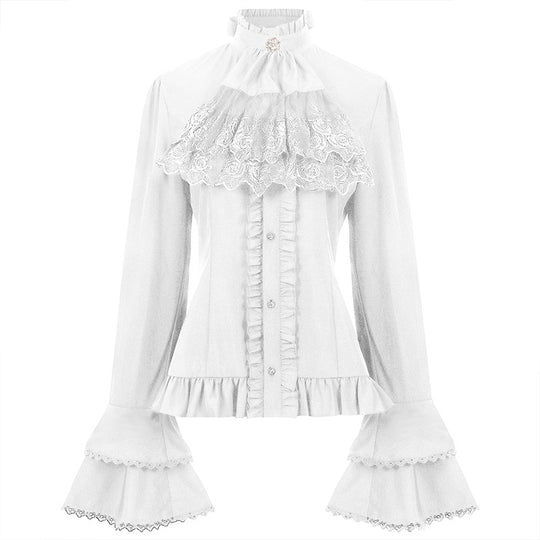 Damen nan viktorianische Spitzenbluse mit Volant-Jabot, tailliertem Schnitt und doppellagigen Glockenärmeln Eb