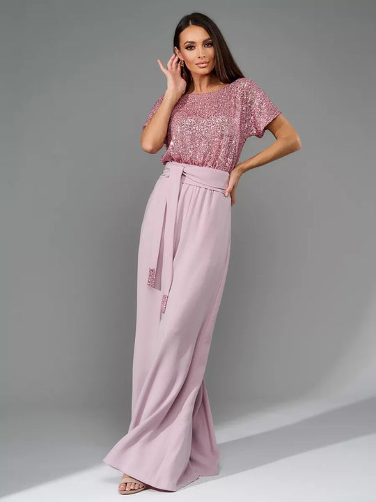 Damen Glitzernder Jumpsuit mit weitem Bein und Taillengürtel EB
