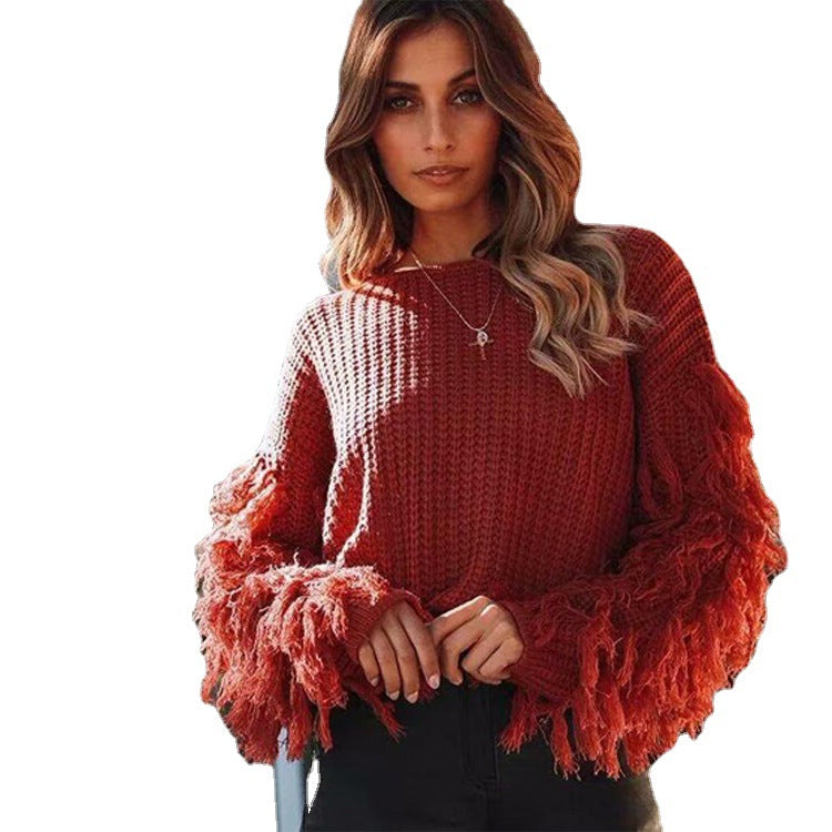 Damen Strickpullover mit fransigen Ärmeln EB