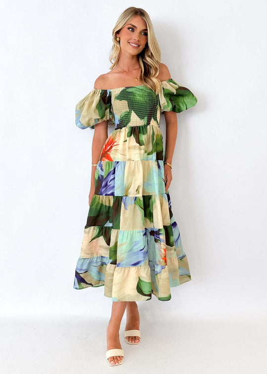 Damen Maxikleid mit Puffärmeln und floralem Smocking EB