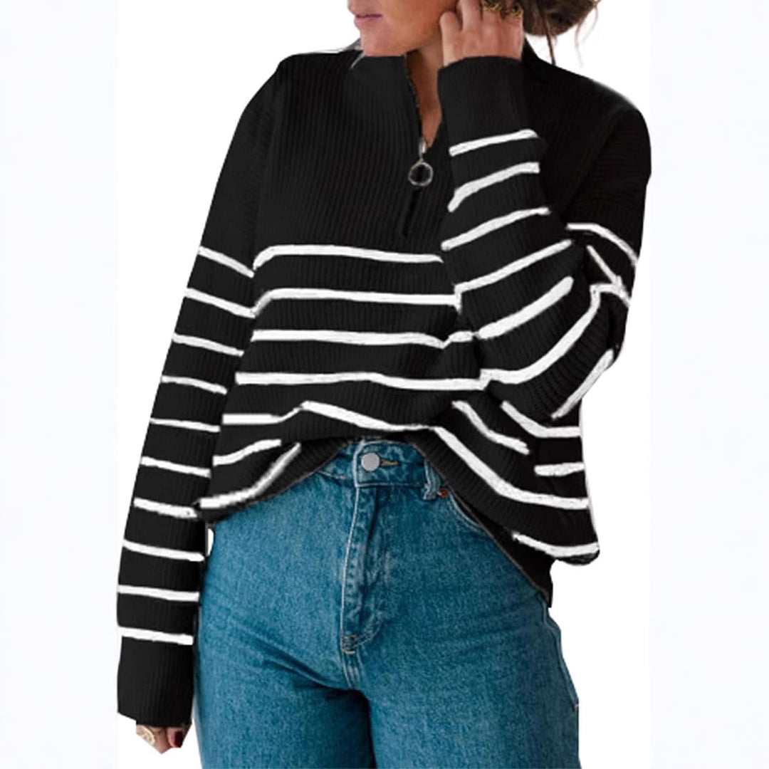 Damen gestreifter Pullover mit halbem Reißverschluss EB
