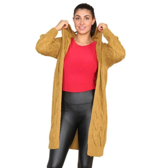 Damen Strickmantel mit Kapuze und kunstvollem Zopfmuster EB