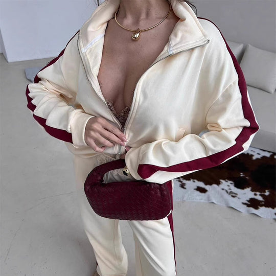 Damen Velours-Loungewear-Set mit Stehkragen, Zip-Jacke und weitem Palazzo-Hosenbein EB