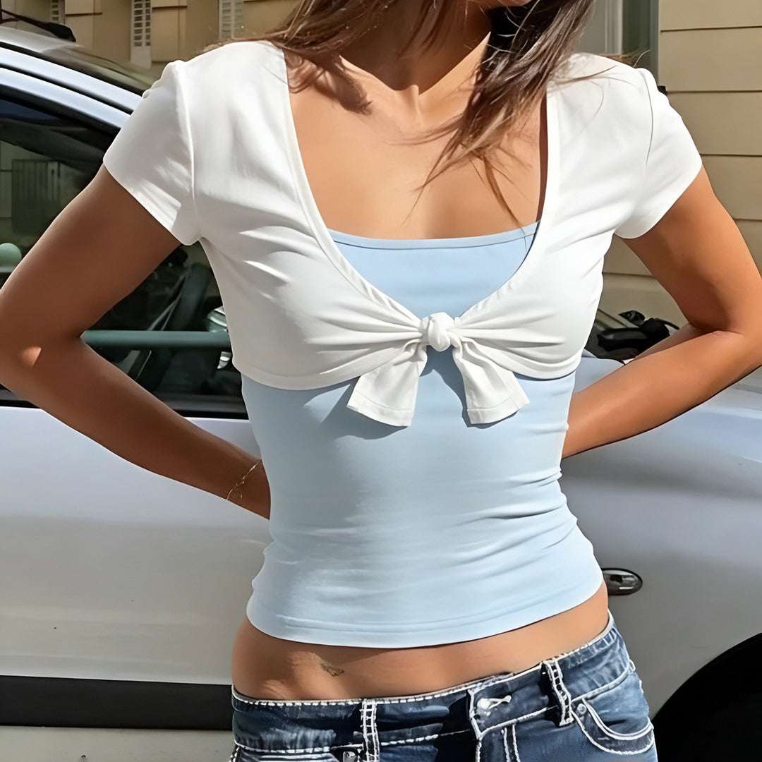 Damen Kurzarm Blusentop mit Knotendetail EB