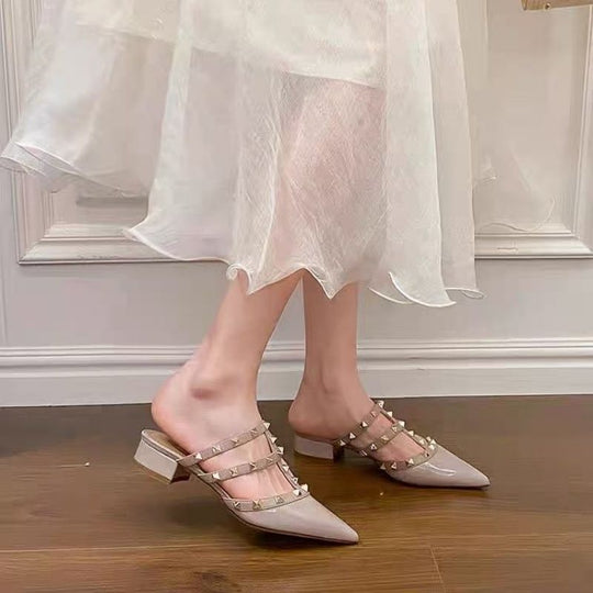 Damen Mules mit dekorativen Riemen und komfortablem Blockabsatz EB
