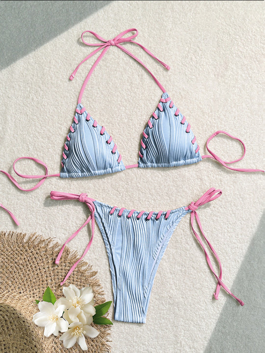 Damen Triangel-Bikini mit kontrastierenden Schnürdetails EB
