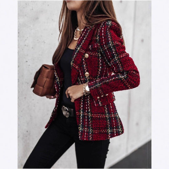 Damen nan eleganter Tweed-Blazer mit Doppelknopf, strukturierter Webung und aufgesetzten Taschen EB
