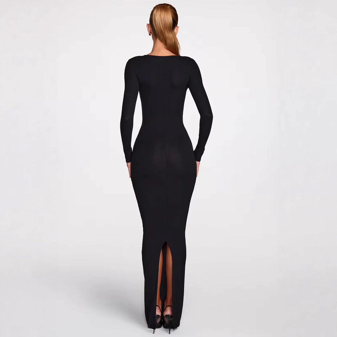 Damen figurbetontes Maxikleid mit tiefem V-Ausschnitt und eleganten Spitzenakzenten EB