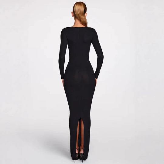 Damen figurbetontes Maxikleid mit tiefem V-Ausschnitt und eleganten Spitzenakzenten EB