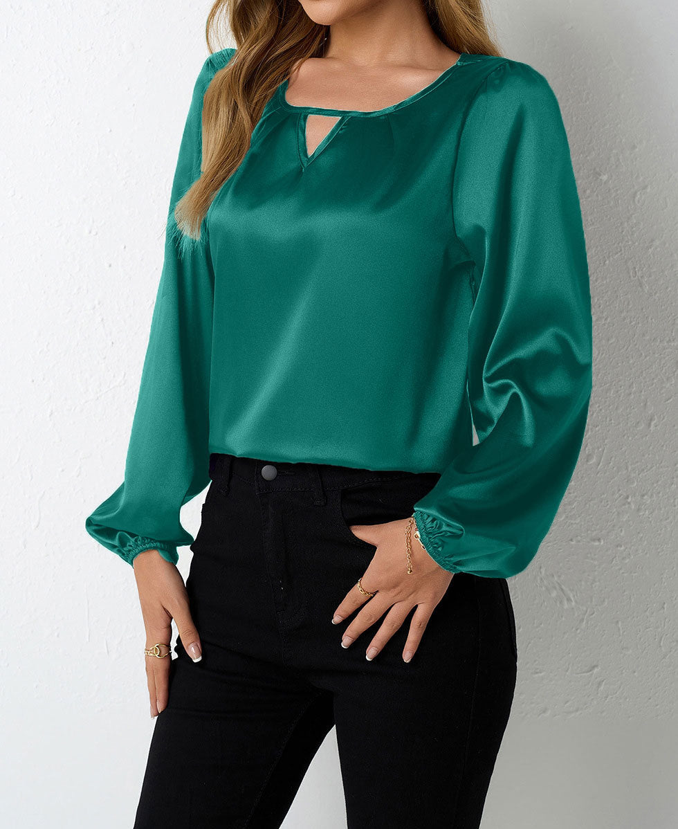 Damen elegante Satinbluse mit verspieltem Schlüsselausschnitt EB