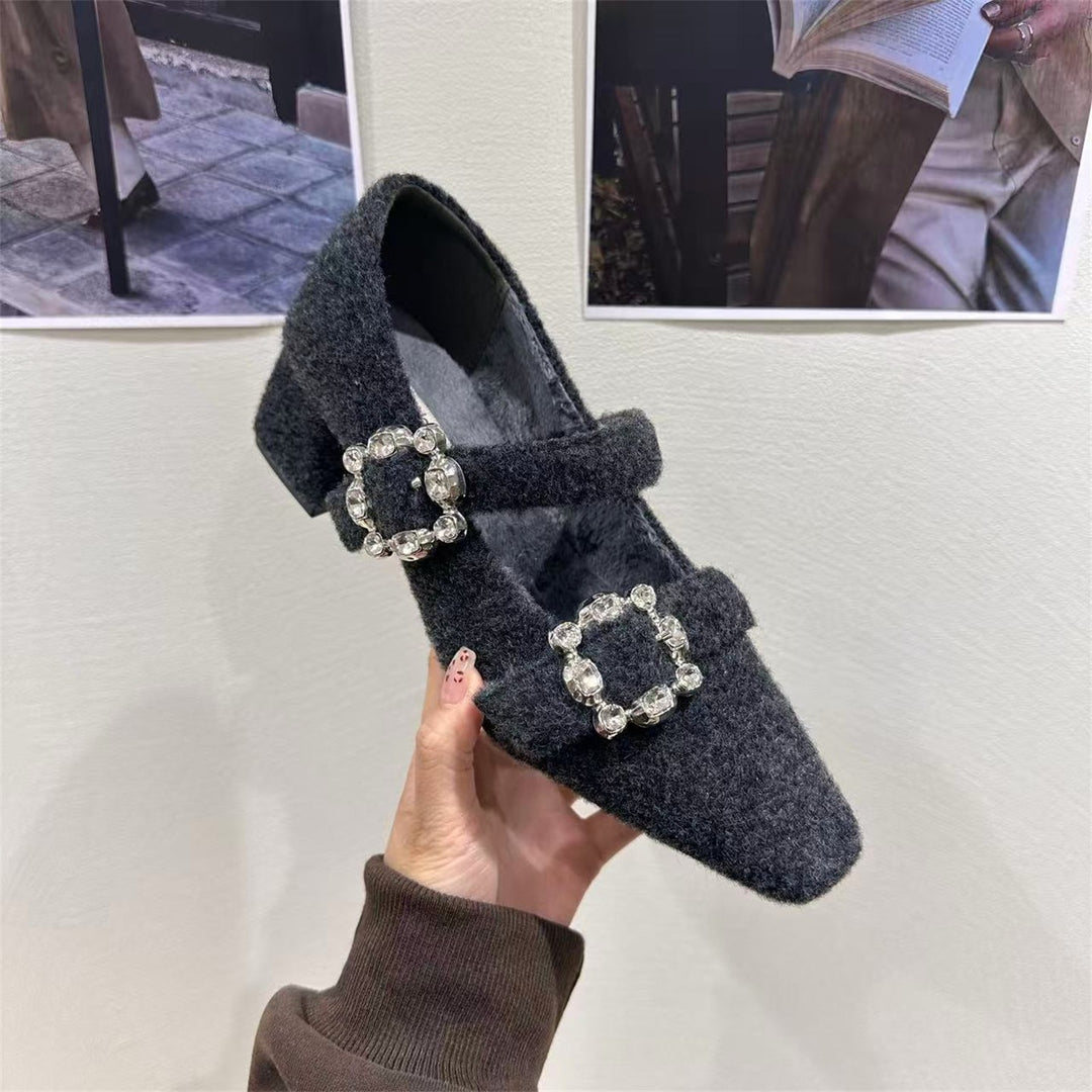 Damen elegante Filz-Mary Jane Schuhe mit schimmernden Schnallen EB