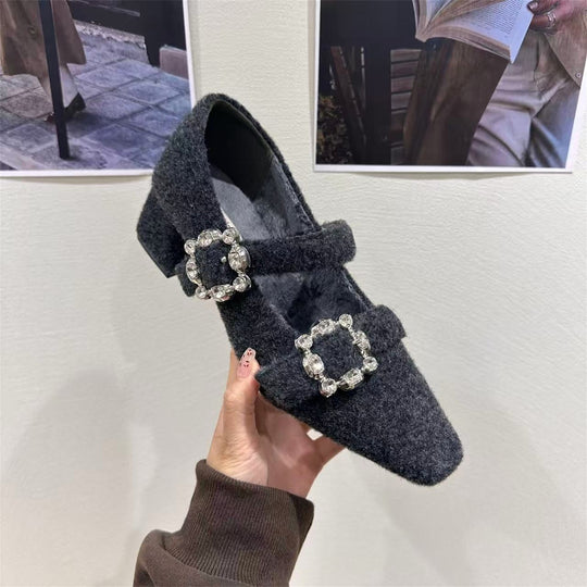 Damen elegante Filz-Mary Jane Schuhe mit schimmernden Schnallen EB