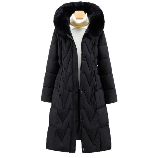 Damen nan langer gesteppter Parka mit voluminöser Kunstfellkapuze und taillierendem Kordelzug EB