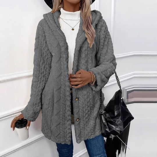 Damen nan kuschelige Teddy-Mantel mit Kapuze, Knopfleiste und Taschen EB
