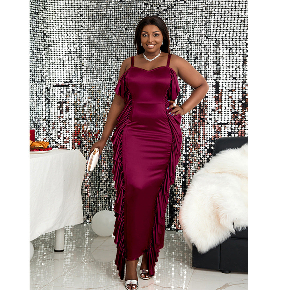 Damen Maxikleid mit fließendem Schnitt und seitlichen Volants EB