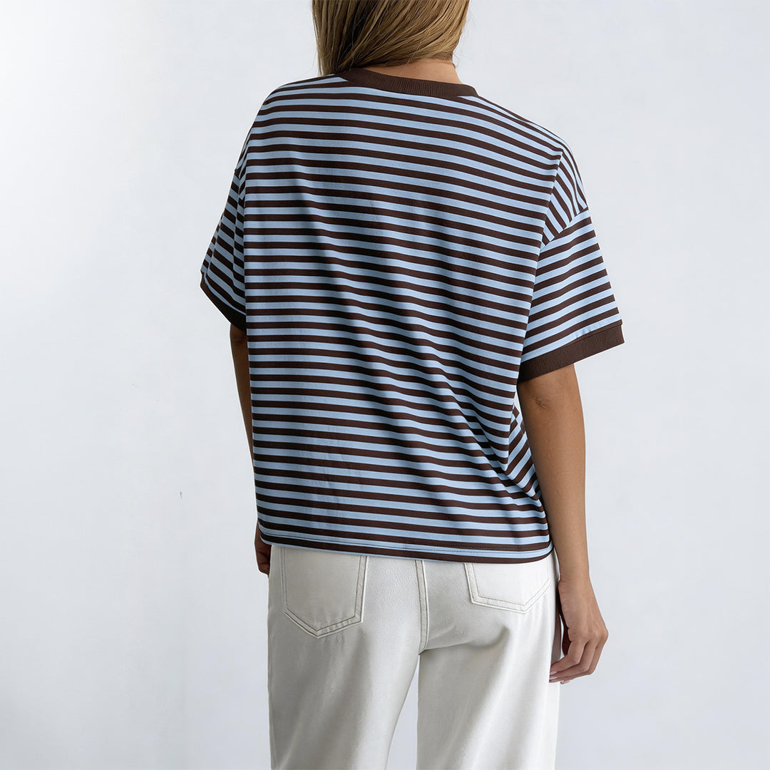 Damen Oversized Streifen-T-Shirt mit Kurzarm und Rundhalsausschnitt EB