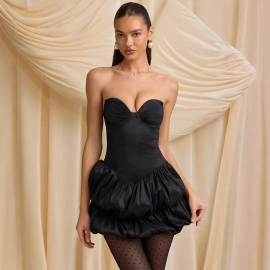 Damen Cocktailkleid mit ausgefallenem Bustier-Design und voluminösem Rüschensaum EB