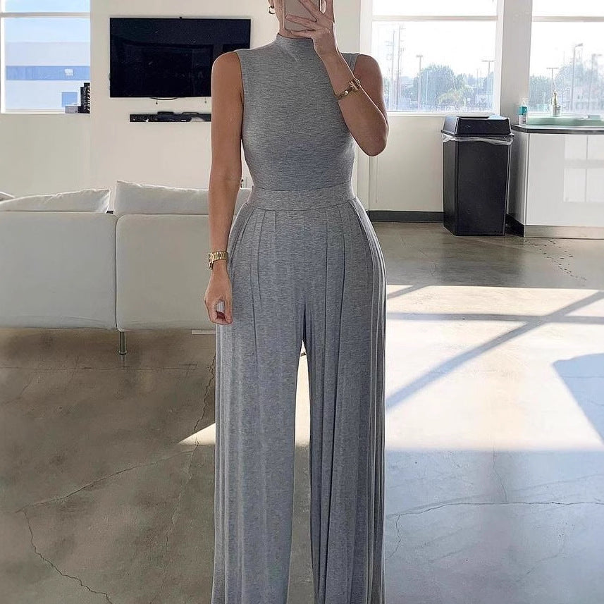 Damen Eleganter Jumpsuit mit hochgeschlossenem Design und weiten Beinen EB