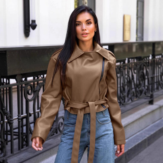 Damen Modische Kunstlederjacke mit taillierter Silhouette und trendy Gürtel EB