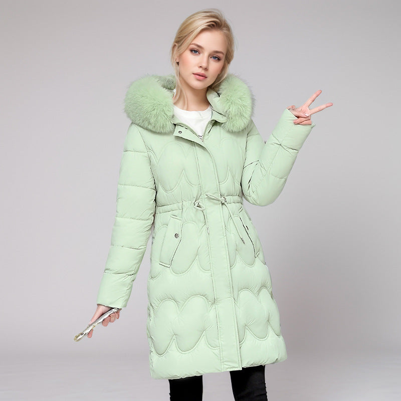 Damen modischer Puffer-Mantel mit abnehmbarem Kunstfellkragen und taillierbarem Gummizug EB