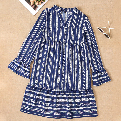 Damen Langarm-Streifen-Kleid mit Rüschendetails EB