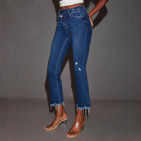Damen Bootcut Jeans mit fransigem Saum und trendiger Waschung EB