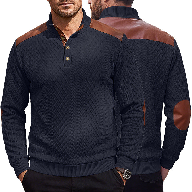 Herren Pullover mit Stehkragen, Zopfmuster und kontrastierenden Lederbesätzen EB