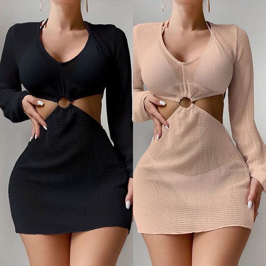 Damen Cut-Out Kleid mit langen Ärmeln und modischem Knoten EB
