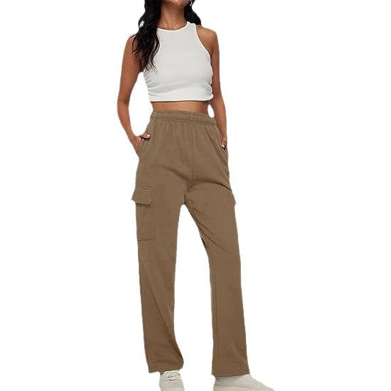 Damen nan lässige Cargo-Freizeithose mit weitem Bein elastischem Bund und aufgesetzten Taschen EB