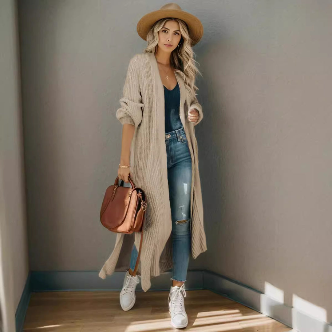 Damen lange Strickjacke in lässiger Rippstruktur mit offenen Ärmeln und Taschen EB