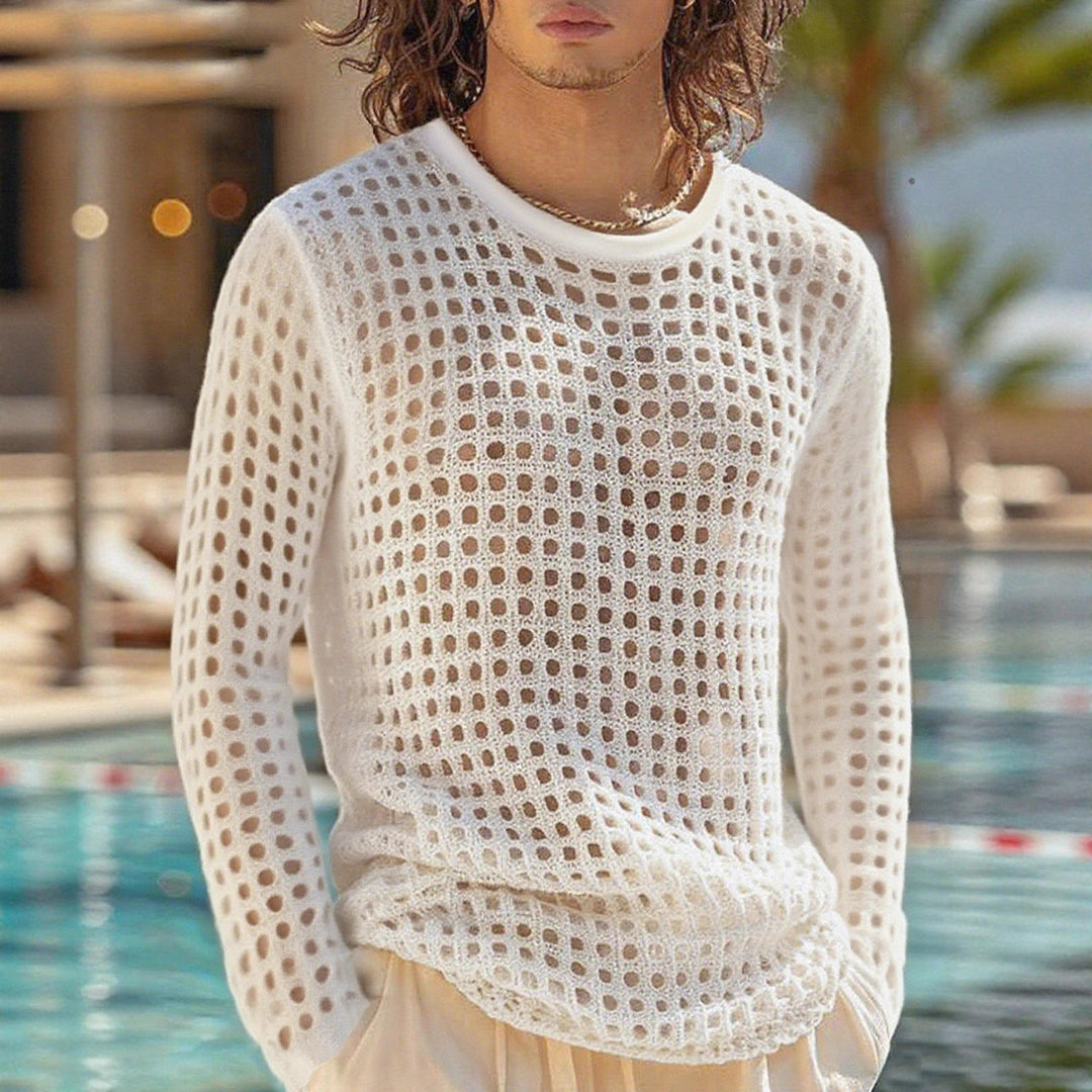 Herren nan luftiger durchbrochener Strickpullover mit quadratischem Netzmuster und Rundhalsausschnitt EB