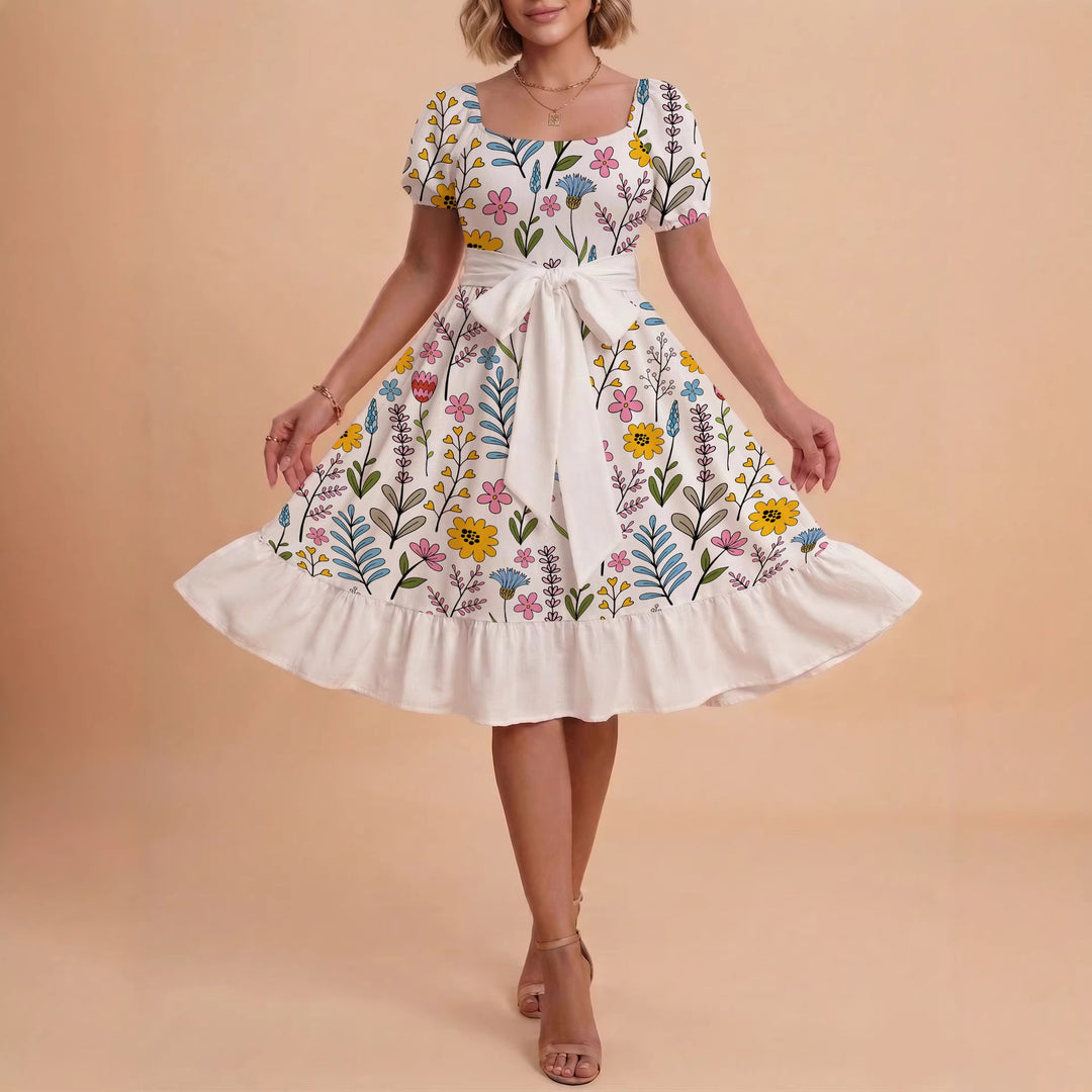 Damen Sommerkleid mit floralem Puffärmel und taillierbarem Gürtel EB
